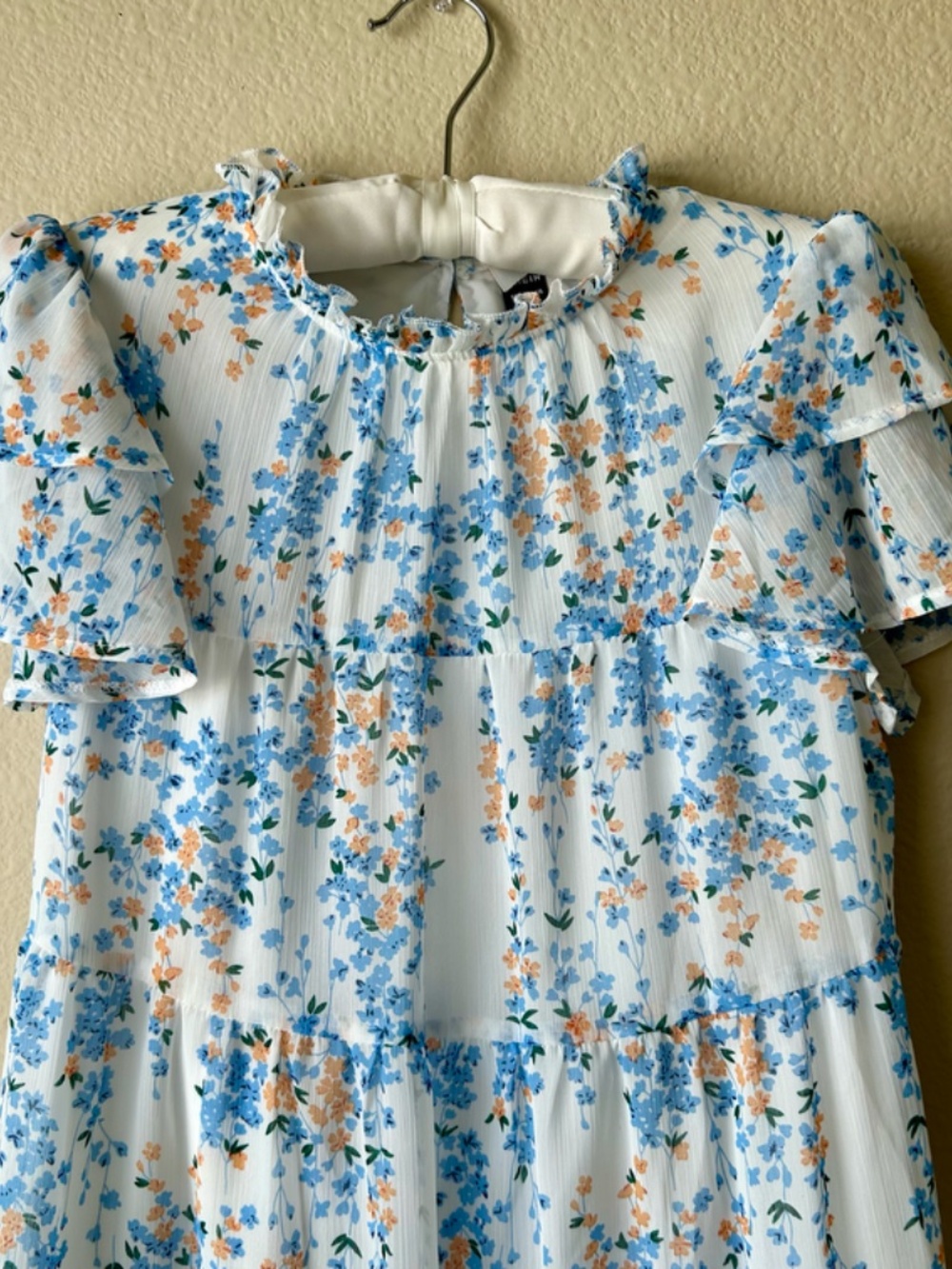 Blue Orange Floral Dress Short Layered Sleeves Ruffle Neck Shein Size Small - Picture 4 of 12